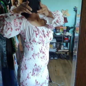 Floral White and Red Dress